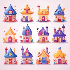 A set of colorful houses with a variety of colors and designs