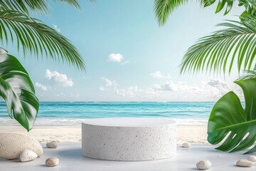 Obraz premium White stone podium with copy space for product display on tropical summer sand beach background, ai
