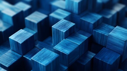 Obraz premium Futuristic abstract background featuring digital 3D render of blue wooden cubes, overlaid with blue matrix binary code