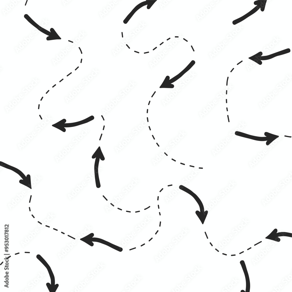 Poster seamless pattern with black solid and dashed arrows on a white background.
