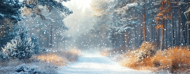 Snowcovered forest path, blank text space, watercolor snowflakes drifting
