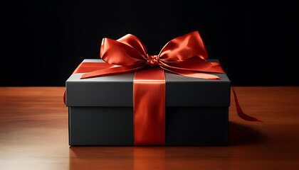 A luxurious gift box, on a solid black background, wrapped in sleek, matte black paper with a textured bow and feathers, creating a romantic luxury atmosphere. For anniversary, birthday presents
