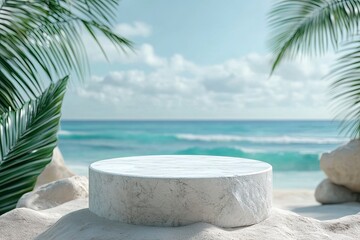 White stone podium with copy space for product display on tropical summer sand beach background, ai