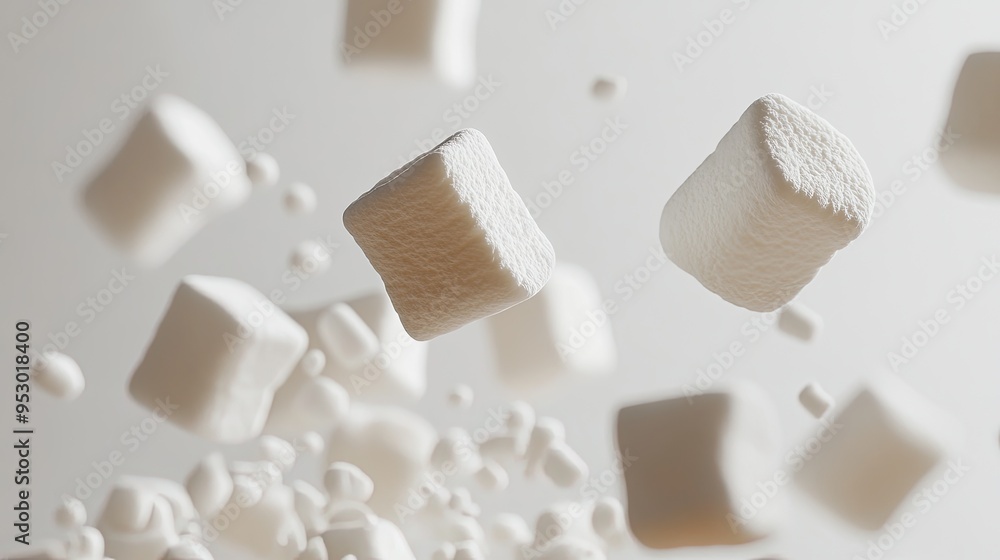 Poster a dynamic arrangement of floating white marshmallows against a light background.
