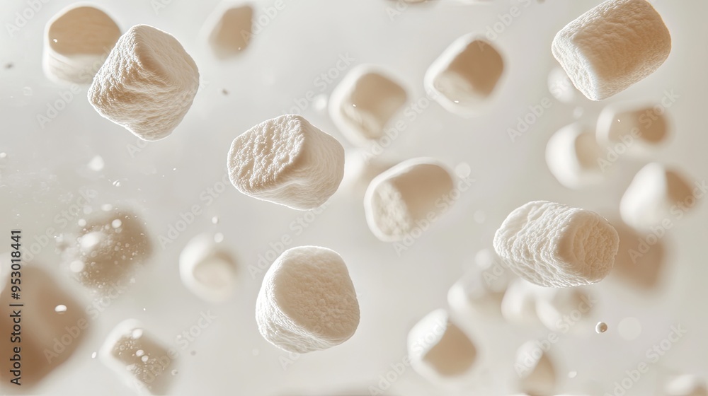 Poster a close-up view of floating marshmallows against a soft background.
