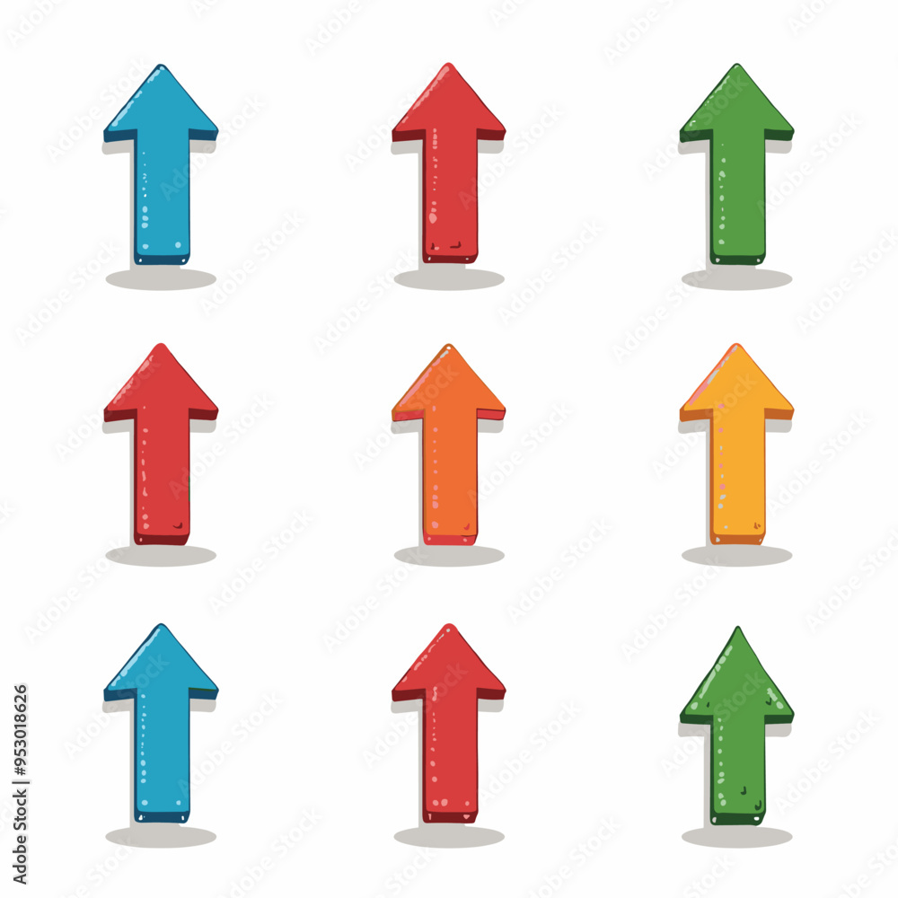 Poster colorful 3d arrow icons pointing upwards, positioned in a grid pattern on a white background.