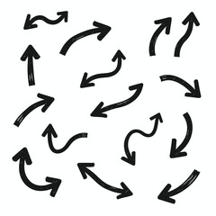 A collection of hand-drawn black arrows pointing in various directions on a white background.