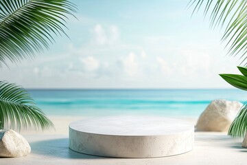 Fototapeta premium White stone podium with copy space for product display on tropical summer sand beach background, ai