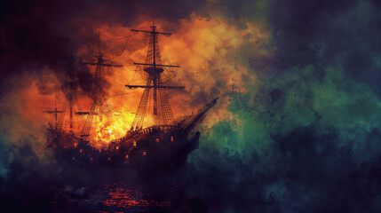 Fototapeta premium Ghostly ship sailing through fog under a full moon in the middle of the night