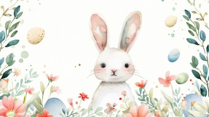 Cheerful Easter design with a bunny and floral wreath, ideal for greeting cards or backgrounds.