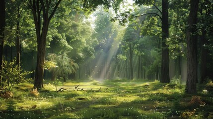 Obraz premium Tranquil forest glade bathed in sunlight, offering a peaceful retreat and capturing nature's serenity.