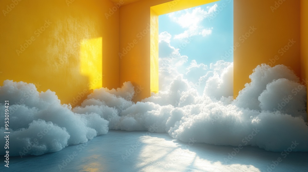 Poster abstract 3d render of a yellow background with blue sky and white clouds flying inside a room, creat