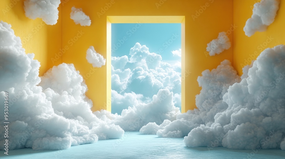 Poster abstract 3d render of a yellow background with blue sky and white clouds flying inside a room, creat