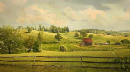 Fototapeta premium Pastoral scene with rolling hills, lush meadows, and a farmhouse, evoking tranquility and the beauty of rural life.
