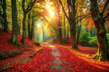 Fototapeta premium vibrant rustic autumn landscape red mulch pathway meandering through lush green forest surrounded by fiery fallen leaves warm golden light moody atmospheric mysterious