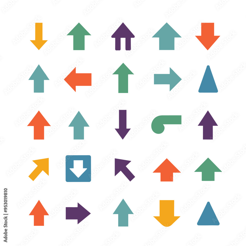 Poster colorful set of various arrows and shapes arranged in a grid on a white background.