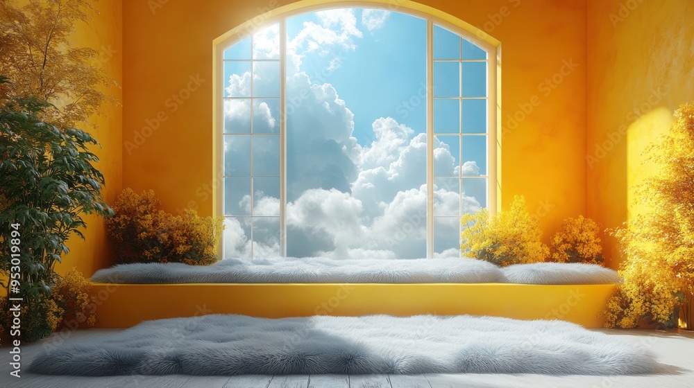 Poster abstract 3d render of a yellow background with blue sky and white clouds flying inside a room, creat