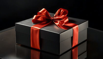 Obraz premium A luxurious gift box, on a solid black background, wrapped in sleek, matte black paper with a textured bow and feathers, creating a romantic luxury atmosphere. For anniversary, birthday presents