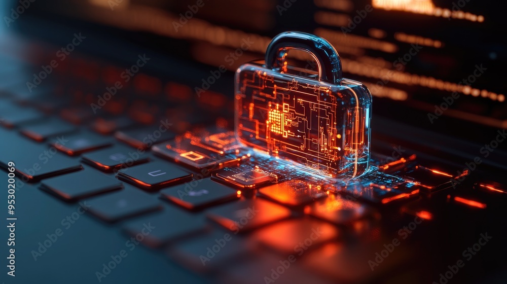 Poster a digital padlock with circuitry rests on a keyboard, symbolizing cybersecurity.