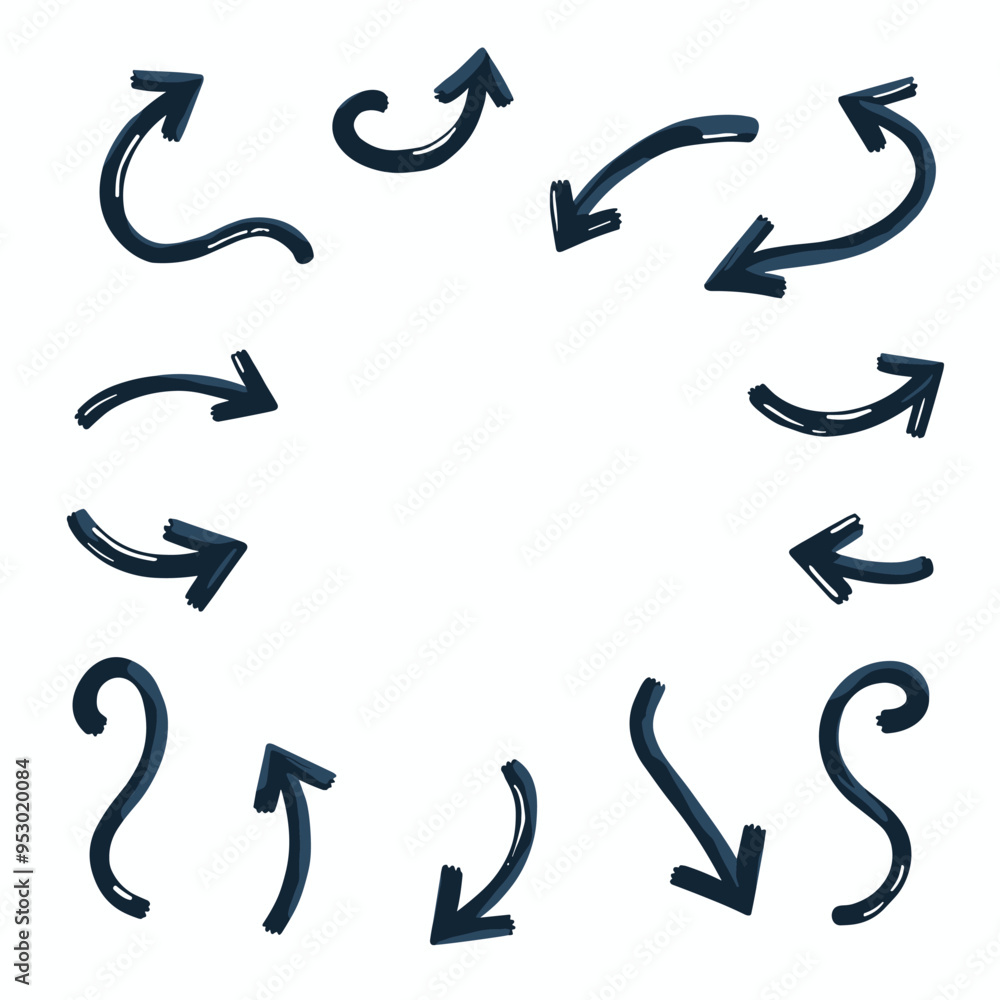 Poster various hand-drawn arrows pointing in different directions, arranged in a circular pattern on a whit