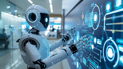 AI robot interacting with an interactive touchscreen display in a state-of-the-art office