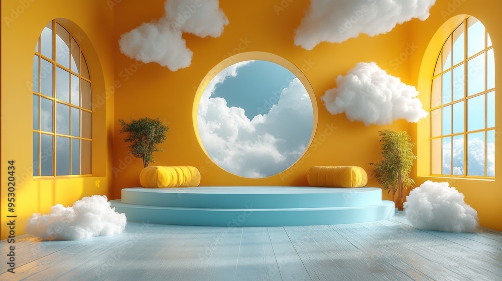 Poster 3d render of an abstract yellow background with white clouds flying inside a blue square hole, creat
