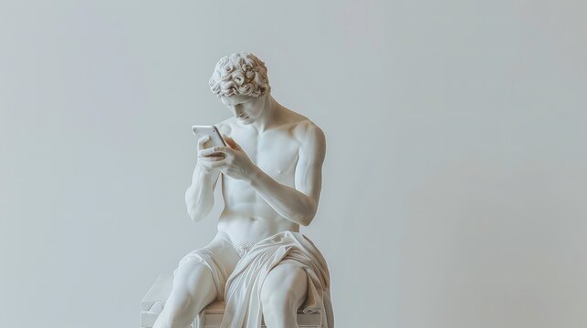 A white marble sculpture of a man sitting and looking at a smartphone.