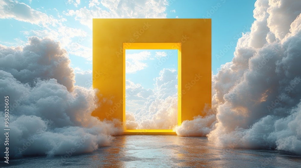 Poster 3d render of an abstract yellow background with white clouds flying inside a blue square hole, creat