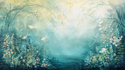 Obraz premium Peaceful subaquatic tableau with swimming marine creatures and oceanic flora encourages tranquility and contemplation.