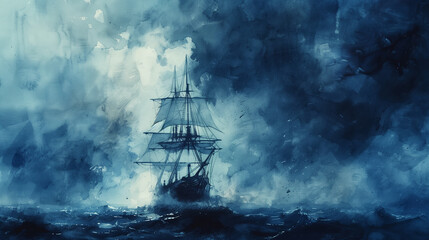 Fototapeta premium Ghostly ship sailing through fog on a dark, stormy sea at night