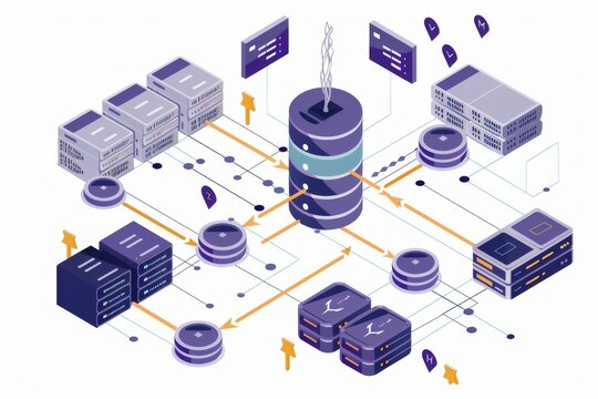 Visualize the Sqoop data transfer process: A diagram showing a relational database (like MySQL) on one side, with tables and data rows, and a Hadoop ecosystem (HDFS, Hive) on the other side