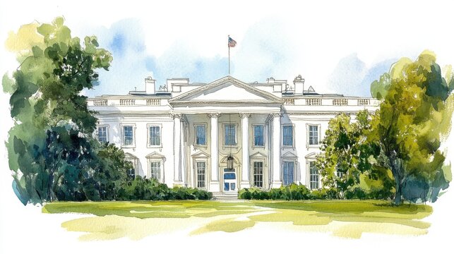 Iconic Watercolor Painting of the White House - Symbol of American Government on White Background