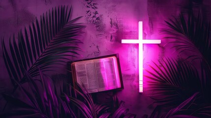 A neon cross glowing over an open bible surrounded by palm leaves on a textured purple background.