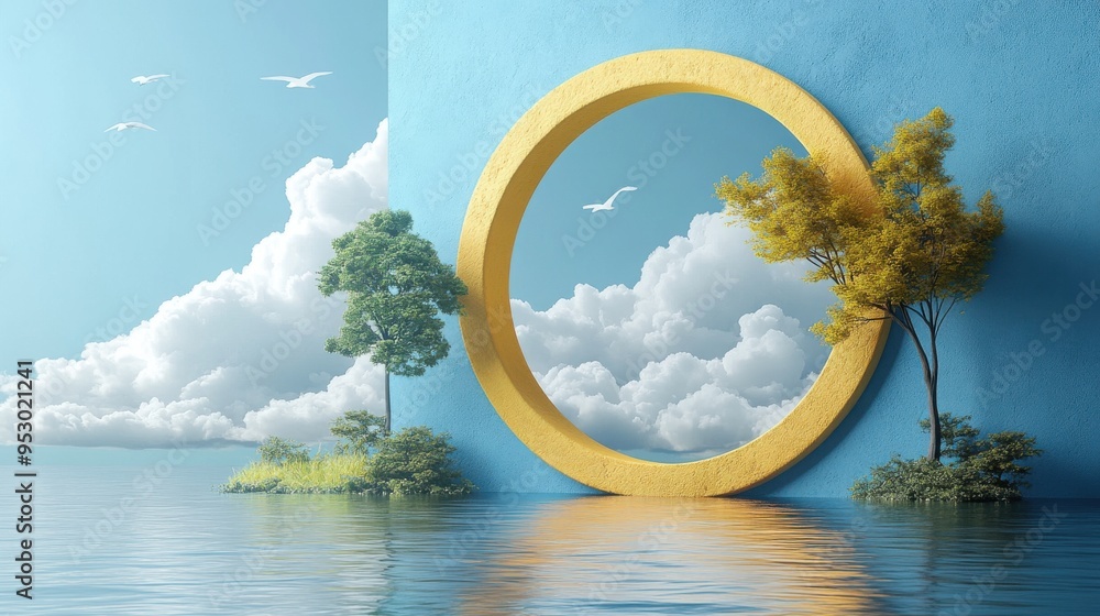 Poster abstract 3d render of a yellow background with white clouds flying through a round blue frame with a