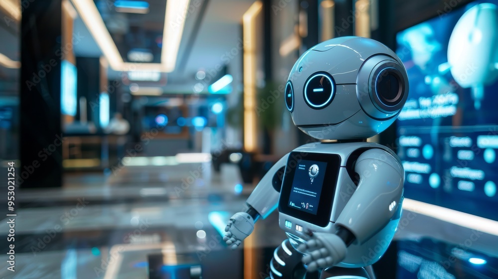 Poster robotic assistant using a touchscreen monitor to organize information in a sleek, high-tech environm