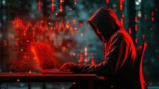 Hacker in hoodie sitting at desk and using laptop with falling red forex chart and map on dark background. Trade, hacking and crisis concept. Double exposure.