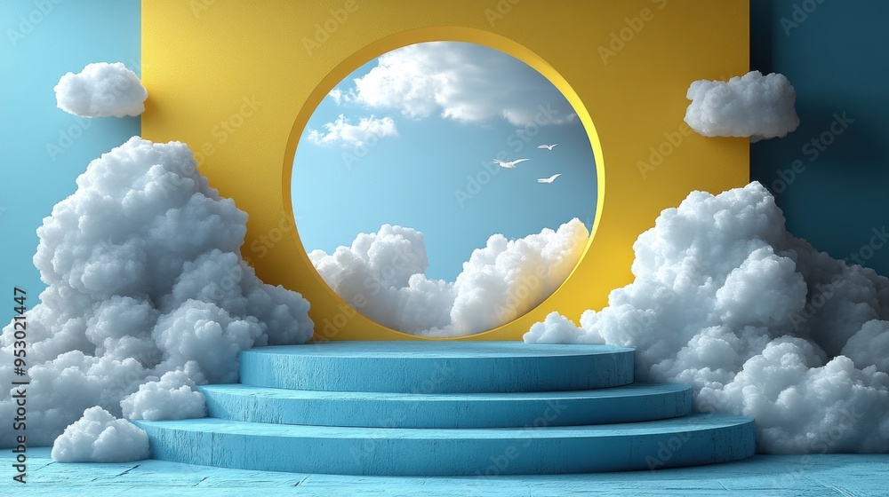 Poster abstract 3d render of a yellow background with white clouds flying through a round blue frame with a