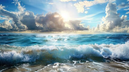 Dramatic sky with sun shining through clouds over ocean waves crashing.