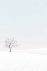 Minimalist winter landscape with lonely tree graphic illustration. Merry Christmas and Happy New Year greeting card template have blank space.