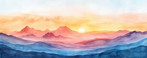 Southwest Desert Sunset Watercolor Painting on White Background - Warm and Dramatic Landscape Artwork