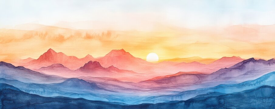 Southwest Desert Sunset Watercolor Painting on White Background - Warm and Dramatic Landscape Artwork