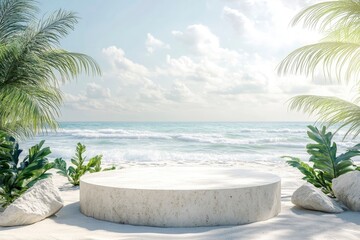 White stone podium with copy space for product display on tropical summer sand beach background, ai