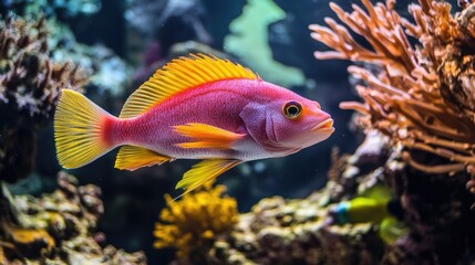 Obraz premium A vibrant fish swimming among coral in an underwater scene.