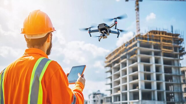 Drone operated by construction worker on building site, beautiful flying with drone