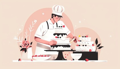 Fototapeta premium Pastry chef decorating cake, intricate details, flat design illustration
