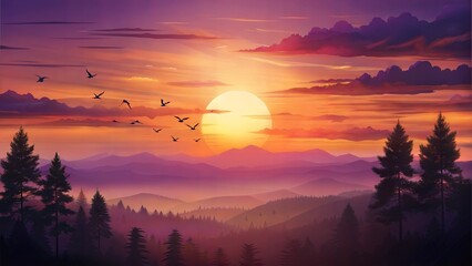 Obraz premium Digital landscape of a sunset with birds and mountains in the background with copy space