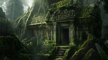 Overgrown ancient ruin with moss-covered stones deep in the jungle vines hanging from the walls detailed carvings on ancient structures immersed in earthy greens