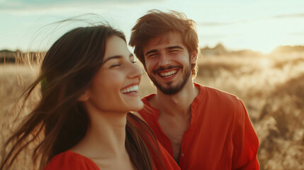 Fototapeta premium A happy couple dressed in red, laughing together outdoors during a golden sunset