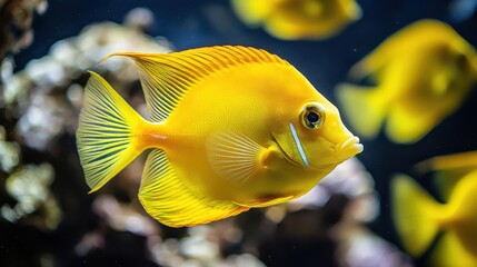 Vibrant yellow fish swimming gracefully in an aquarium, showcasing its bright colors against a colorful underwater backdrop