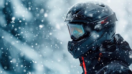 Close-up of a person wearing a black ski helmet and goggles in a snowy environment.